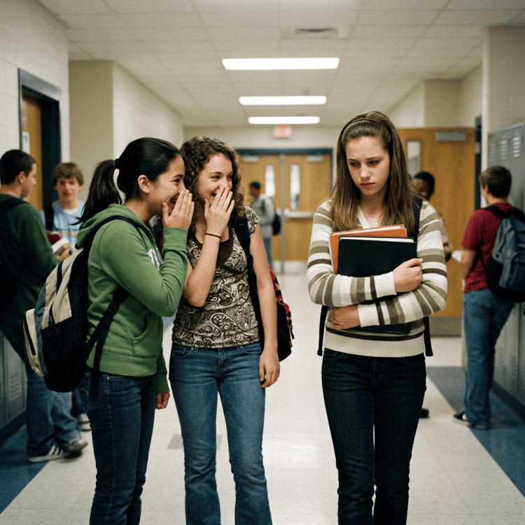 Two students whisper while another walks alone in a school hallway